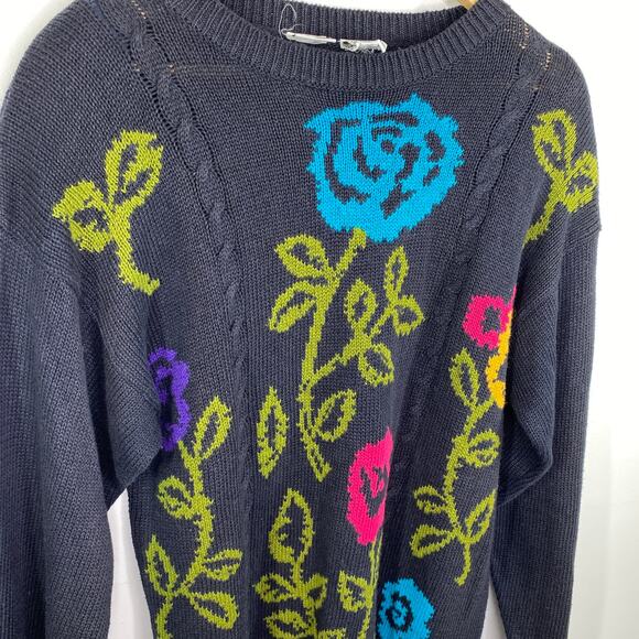Catalina Vintage Navy Blue Floral Knit Crewneck Sweater Women's Size Large L - Picture 5 of 7